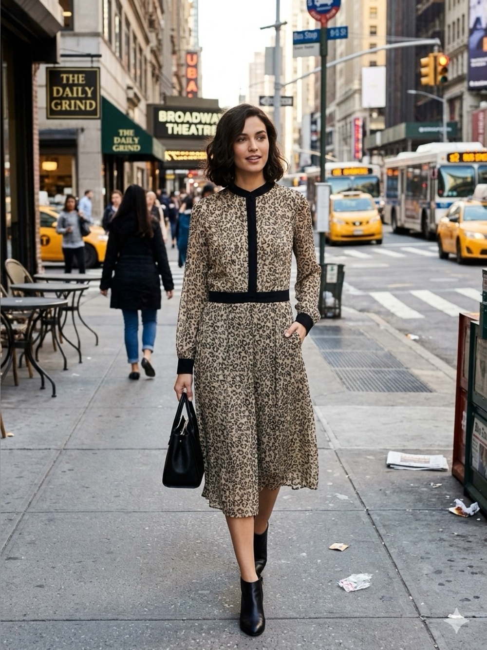 Women's Beige Leopard Print Long Sleeve Midi Dress with Black Trim size 10